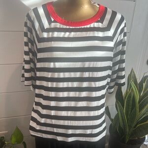 Black and White Striped Tee with Red Trim